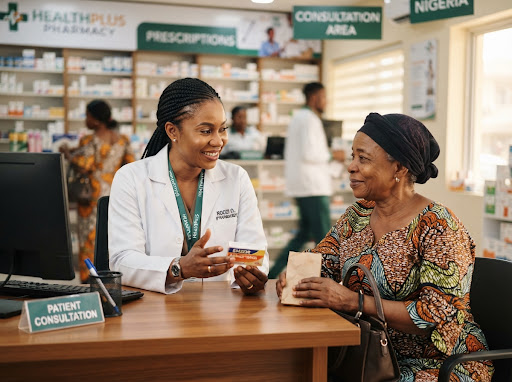 Professional Black female pharmacist counseling elderly woman customer with attentiveness at Pillsense